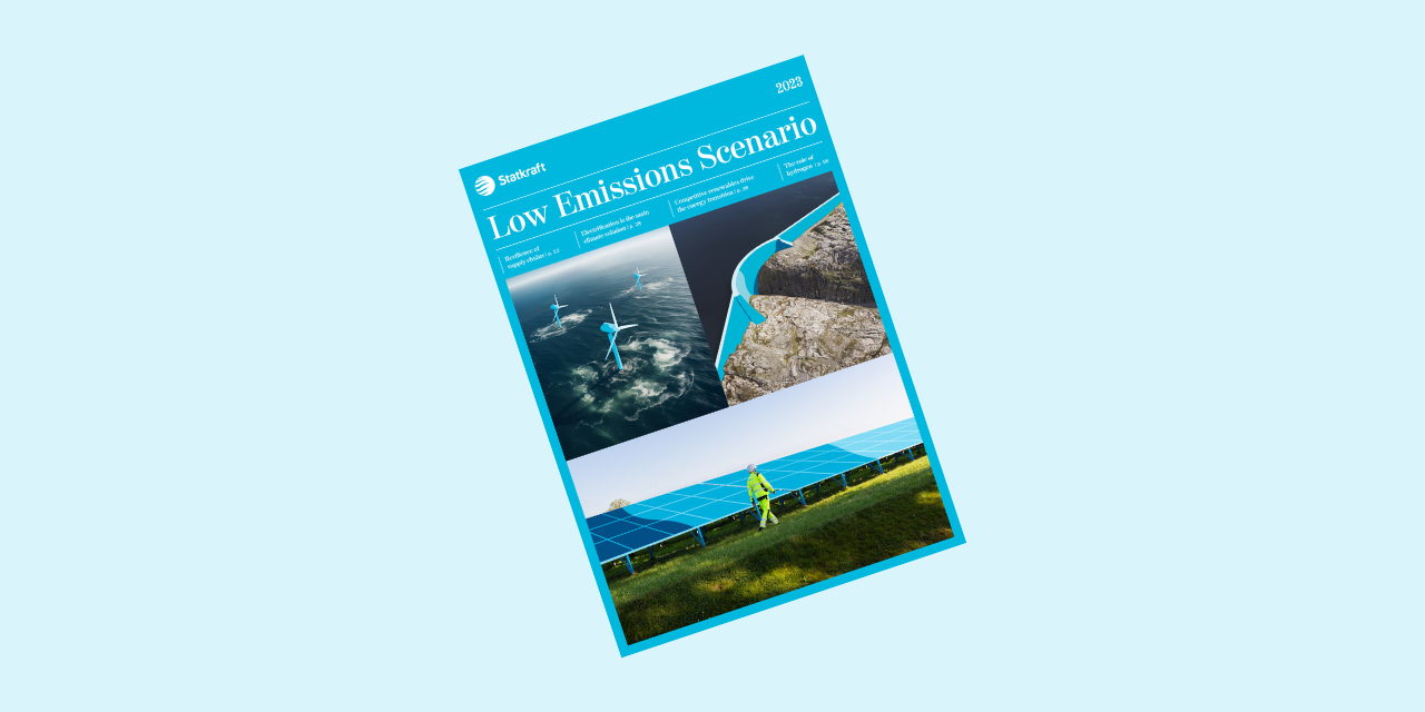 Couverture du scénario à faibles émissions, qui comprend un barrage, des panneaux solaires et une éolienne offshore